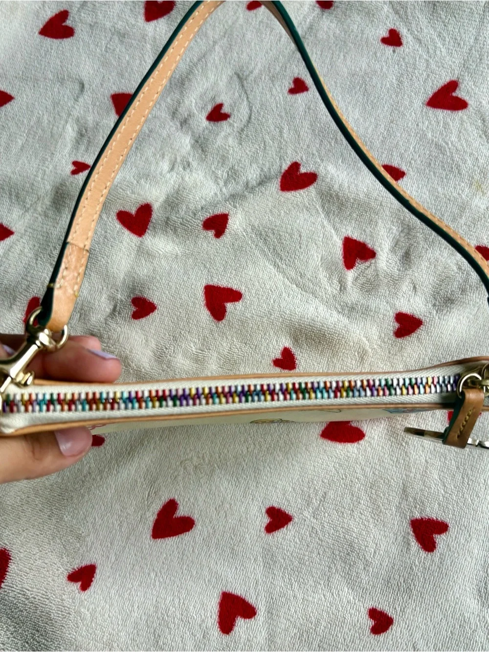 Dooney & Bourke Cream Printed Wristlet with Tan Trim and Pink Accents